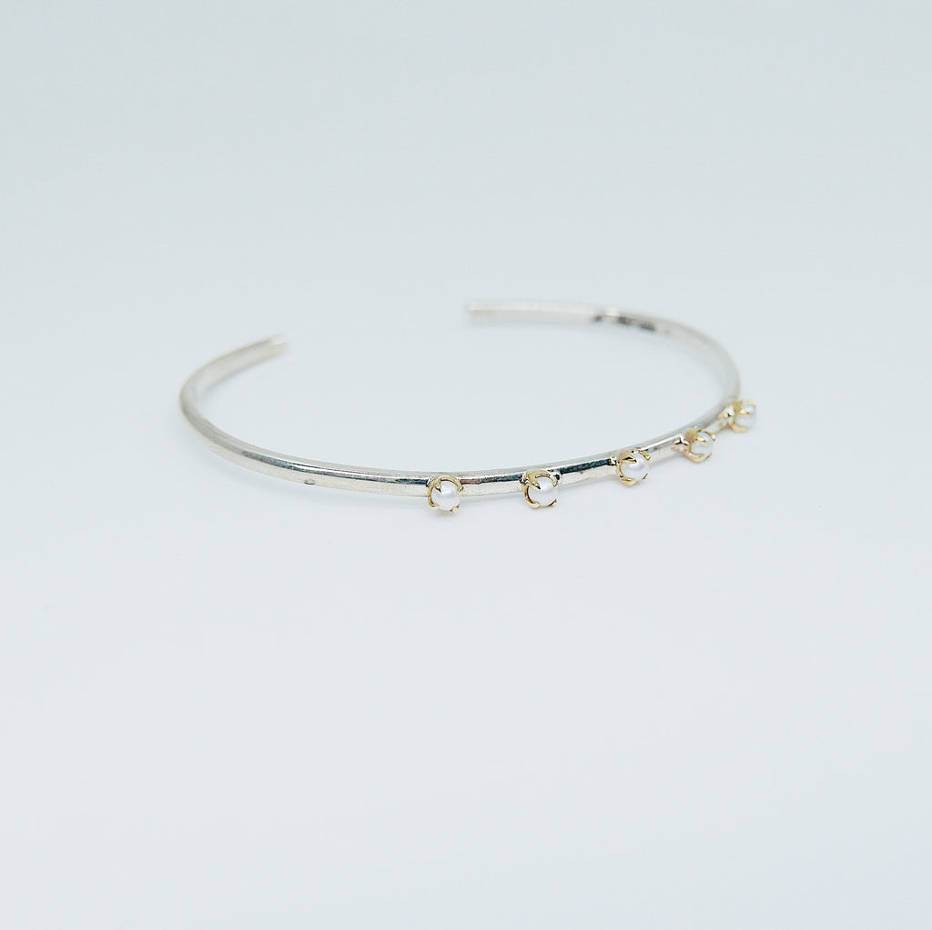 Studded Pearl Cuff Bracelet, Sterling Silver Studded Bracelet, Pearl Studded Bracelet, Two Tone Bracelet, Mixed Metals Bracelet