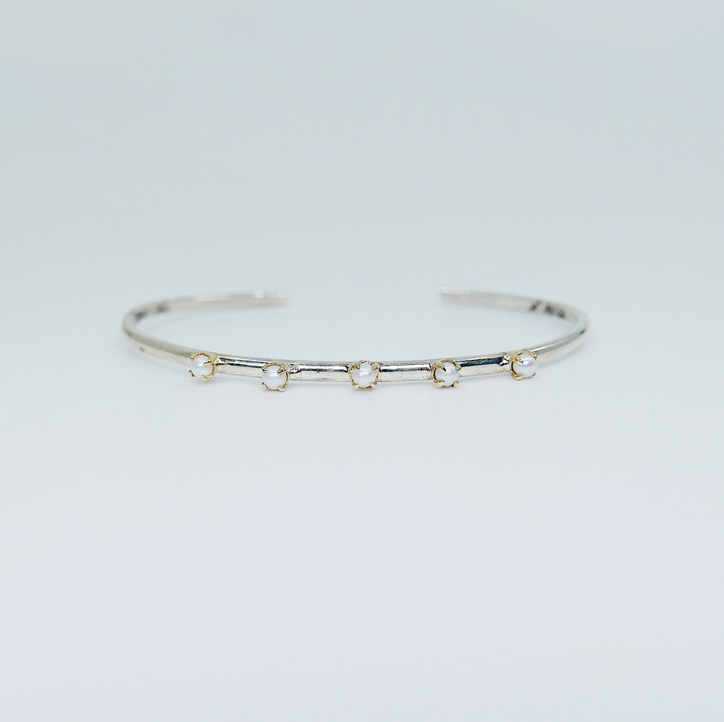 Studded Pearl Cuff Bracelet, Sterling Silver Studded Bracelet, Pearl Studded Bracelet, Two Tone Bracelet, Mixed Metals Bracelet