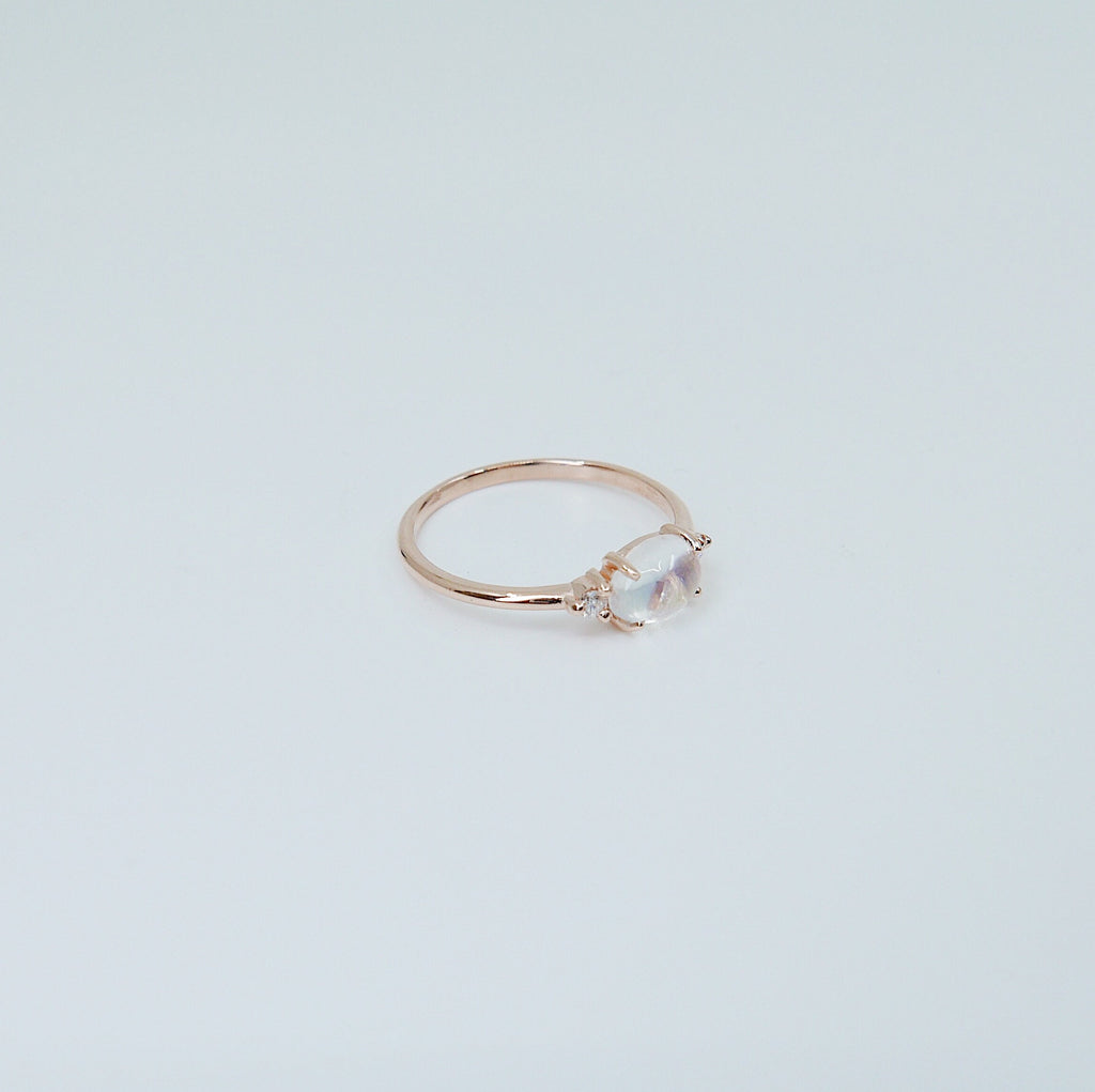 Oval Moonstone Ring 2.0, three stone ring, moonstone and diamond ring, 14k gold moonstone ring, east west ring