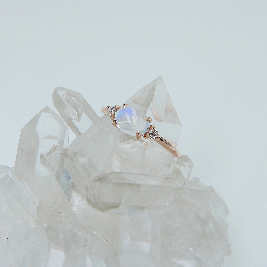 Oval Moonstone Ring 2.0, three stone ring, moonstone and diamond ring, 14k gold moonstone ring, east west ring