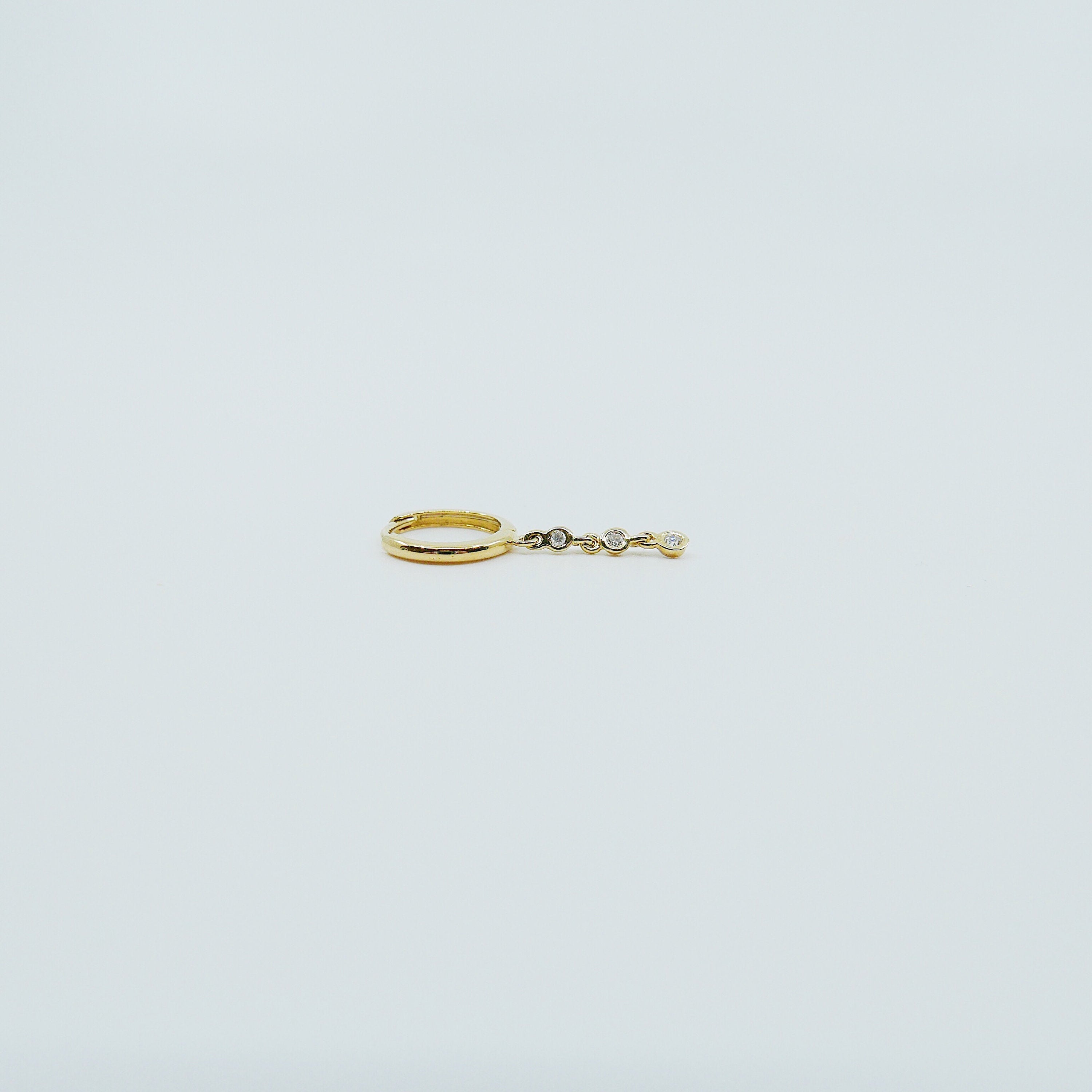 Triple Bezel Diamond Hoop, Small 14k gold diamond hoop, Bezel diamond gold hoop, three diamond gold hoop, diamond drop earring
