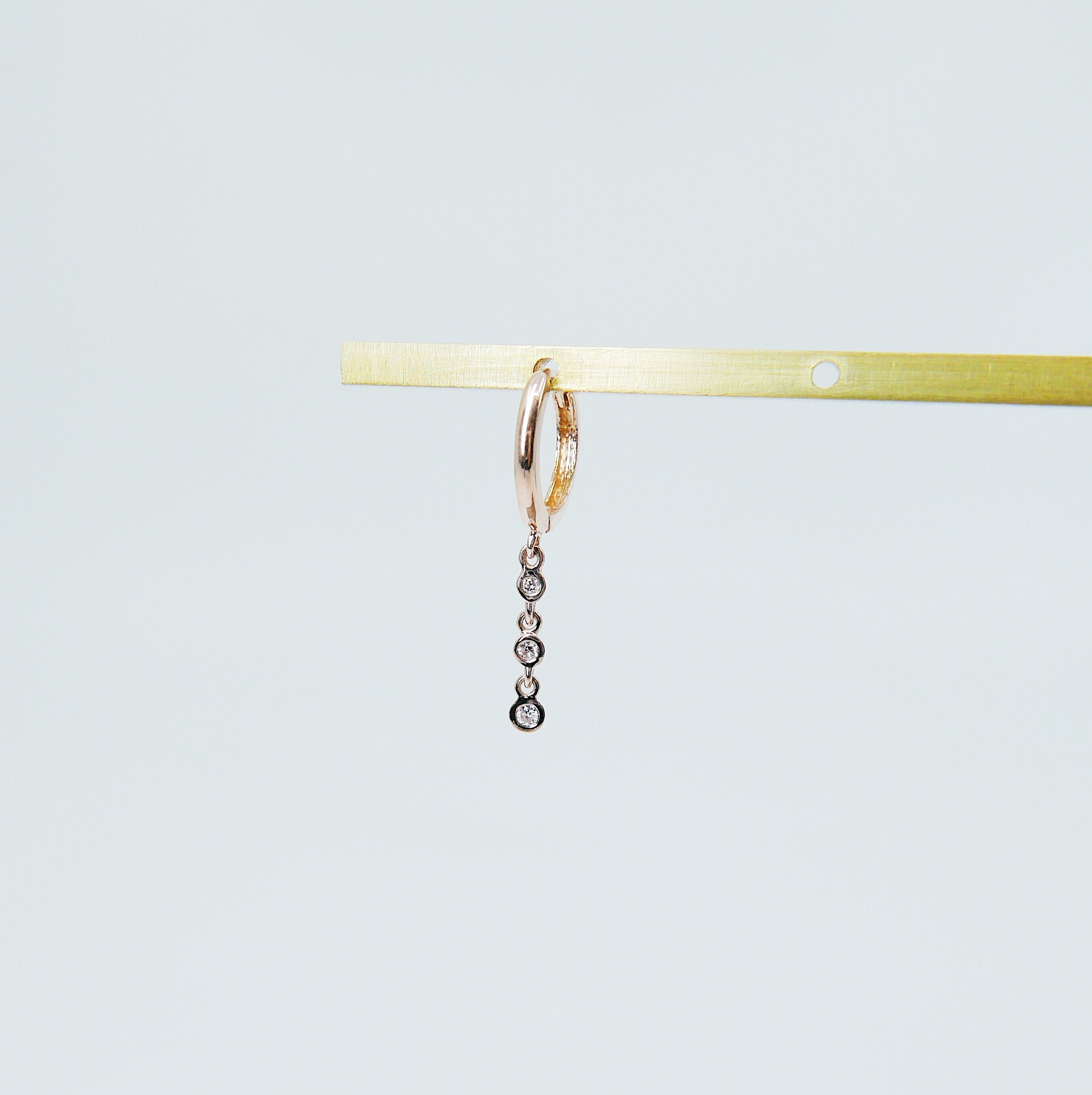 Triple Bezel Diamond Hoop, Small 14k gold diamond hoop, Bezel diamond gold hoop, three diamond gold hoop, diamond drop earring