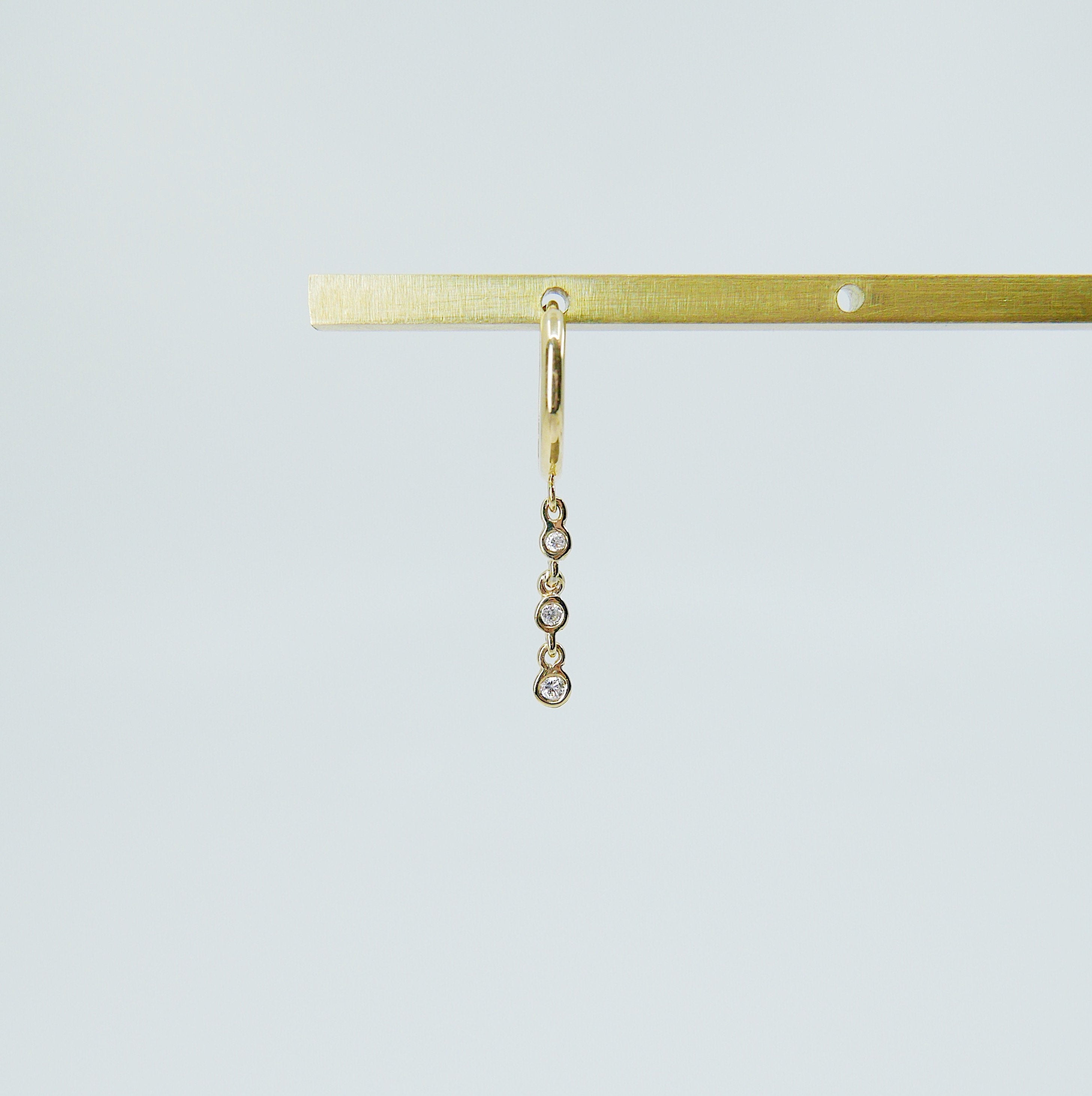 Triple Bezel Diamond Hoop, Small 14k gold diamond hoop, Bezel diamond gold hoop, three diamond gold hoop, diamond drop earring