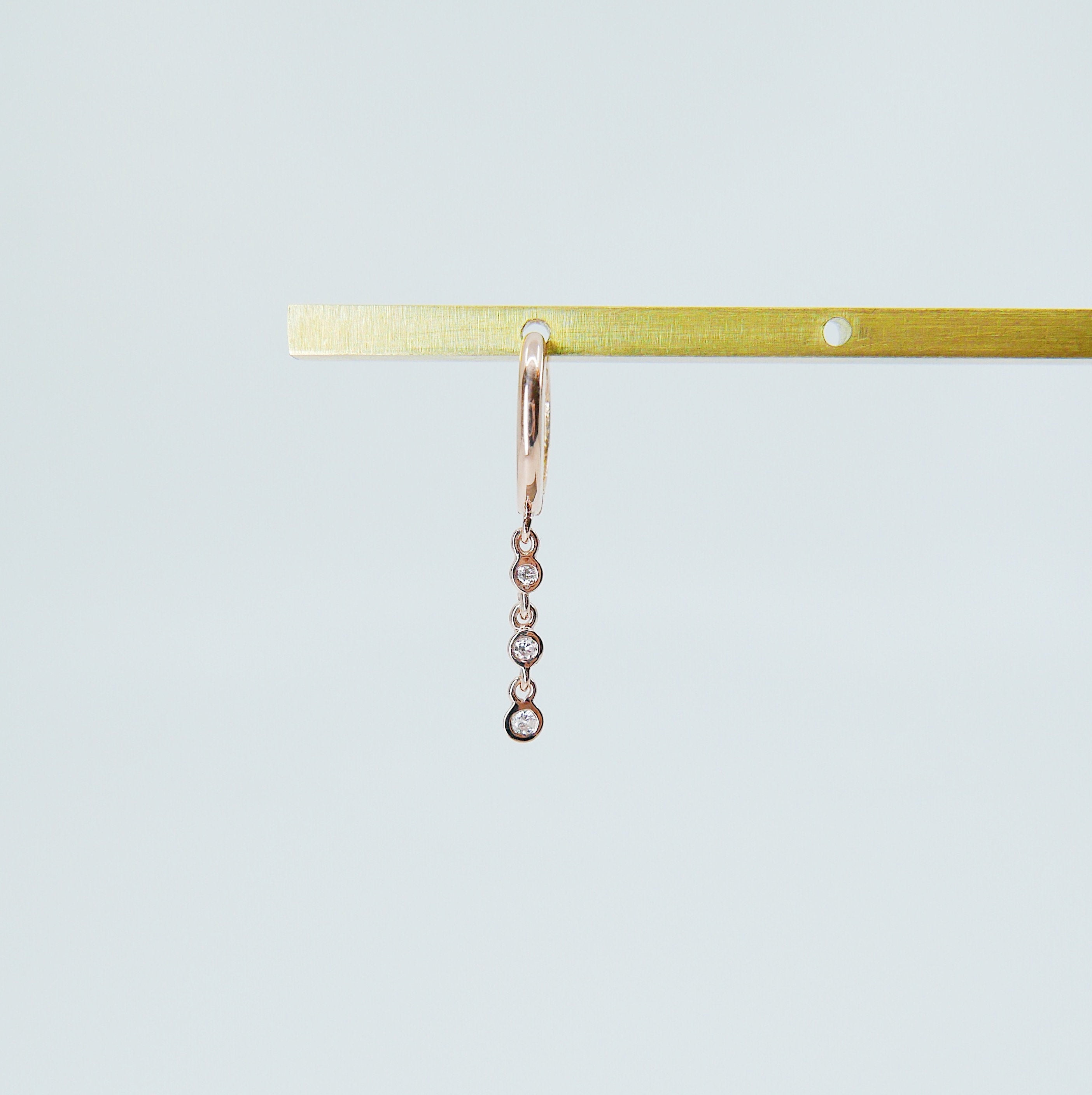 Triple Bezel Diamond Hoop, Small 14k gold diamond hoop, Bezel diamond gold hoop, three diamond gold hoop, diamond drop earring