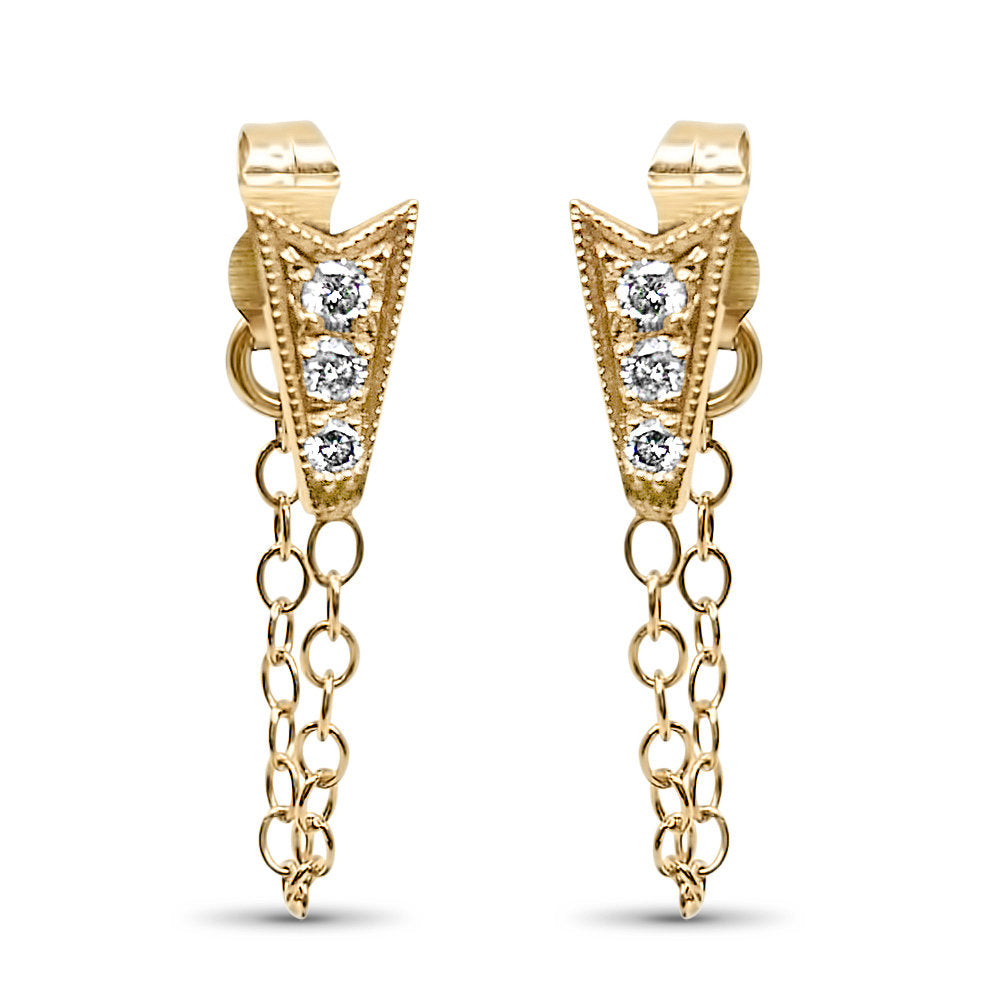 Ribbon Chained Earrings, Diamond Chained Earrings, Emerald Chained Earrings, 14k Gold chain earrings, Gold Chained earrings