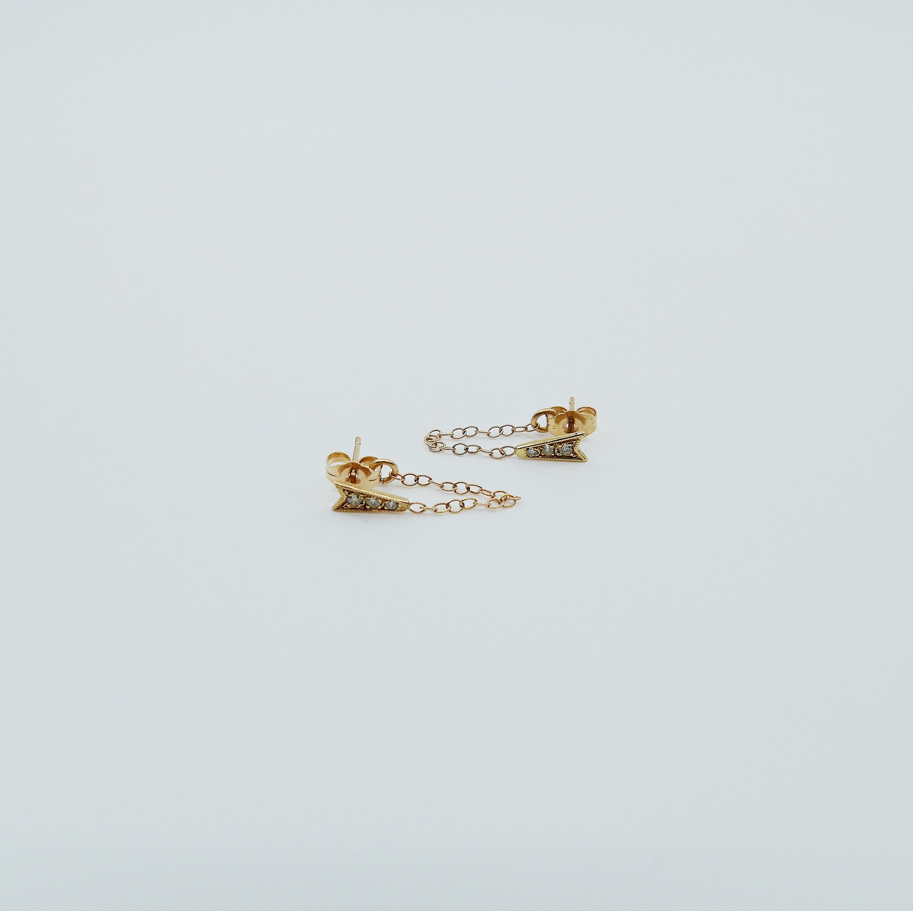 Ribbon Chained Earrings, Diamond Chained Earrings, Emerald Chained Earrings, 14k Gold chain earrings, Gold Chained earrings