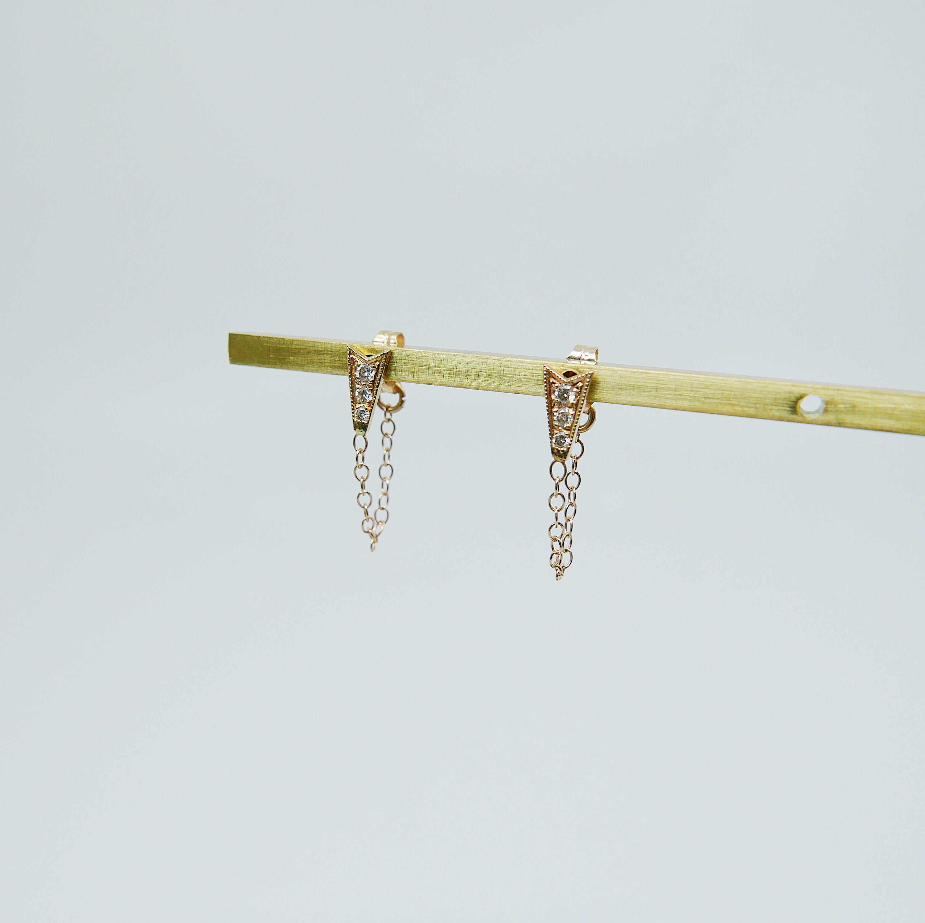 Ribbon Chained Earrings, Diamond Chained Earrings, Emerald Chained Earrings, 14k Gold chain earrings, Gold Chained earrings