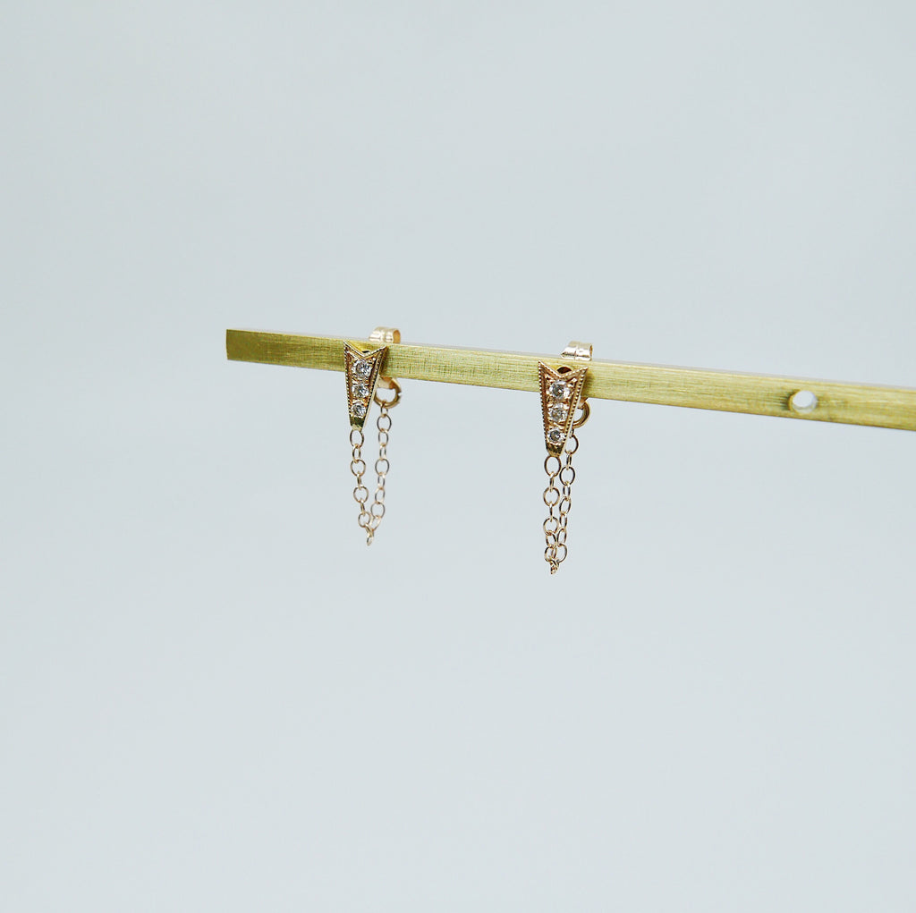 Ribbon Chained Earrings, Diamond Chained Earrings, Emerald Chained Earrings, 14k Gold chain earrings, Gold Chained earrings