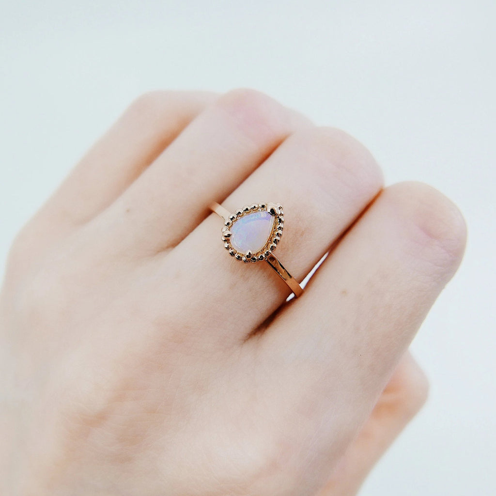 Ava Opal Ring, rainbow Opal halo ring, gold solitaire ring, pear opal ring, 14k gold opal prong engagement ring, opal halo ring