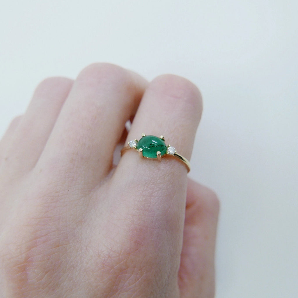 Oval Emerald ring, three stone ring, emerald and diamond ring, 14k gold emerald ring, emerald cabochon