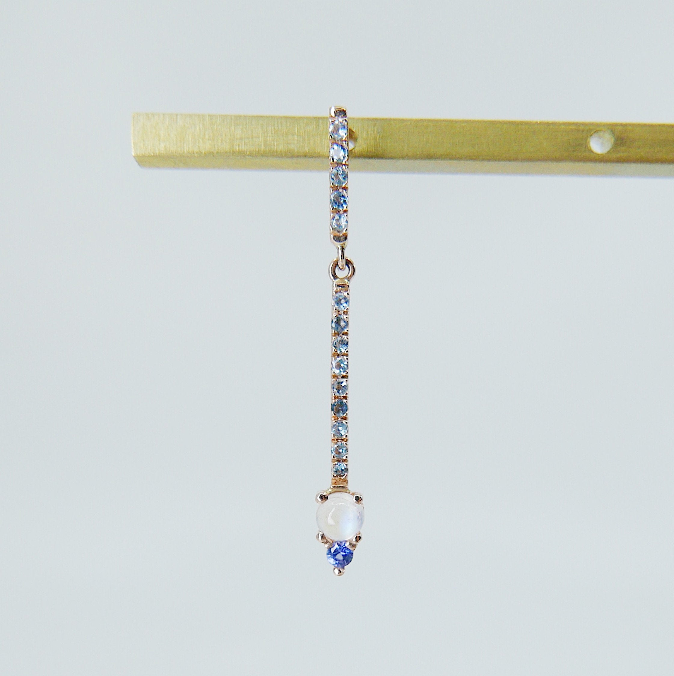 Sticks and Stones Round Duo Earring, 14k Gold Moonstone and Iolite Bar Earring, 14k Gold Aquamarine Dangle Earring