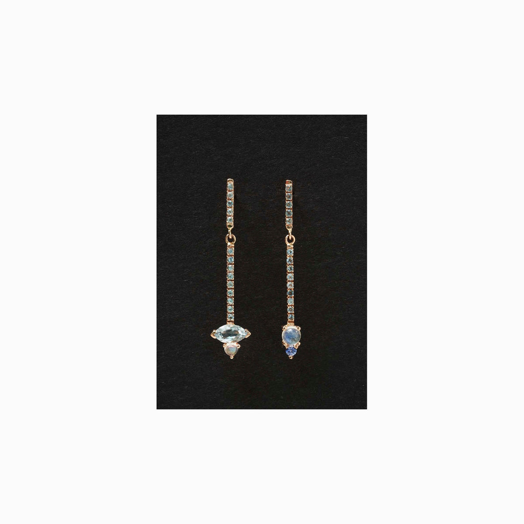 Sticks and Stones Round Duo Earring, 14k Gold Moonstone and Iolite Bar Earring, 14k Gold Aquamarine Dangle Earring
