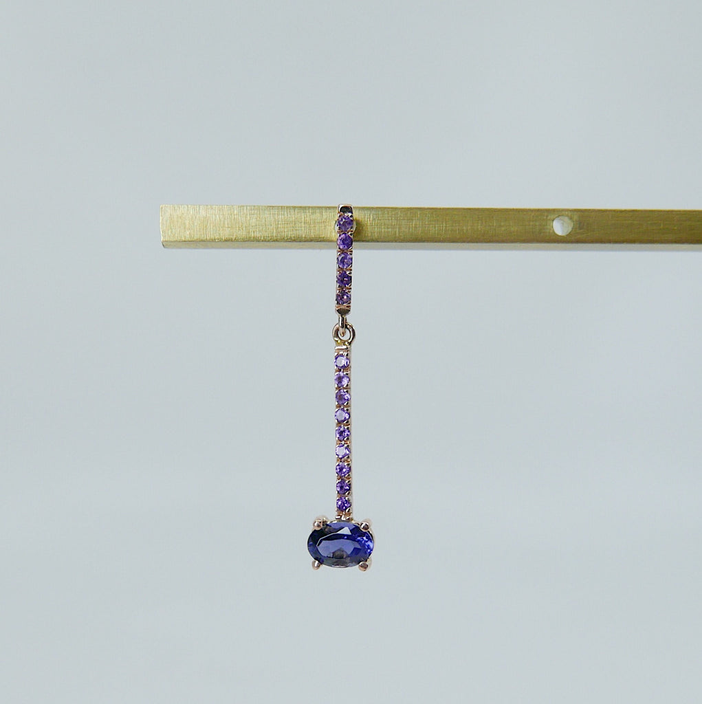 Sticks and Stones Oval Duo Earring, 14k Gold Iolite Bar Earring, 14k Gold Amethyst Dangle Earring