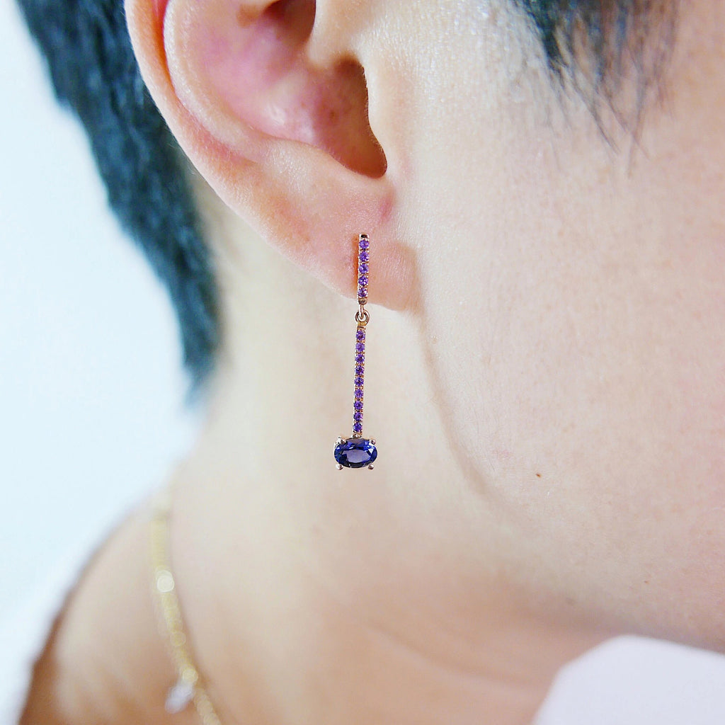 Sticks and Stones Oval Duo Earring, 14k Gold Iolite Bar Earring, 14k Gold Amethyst Dangle Earring