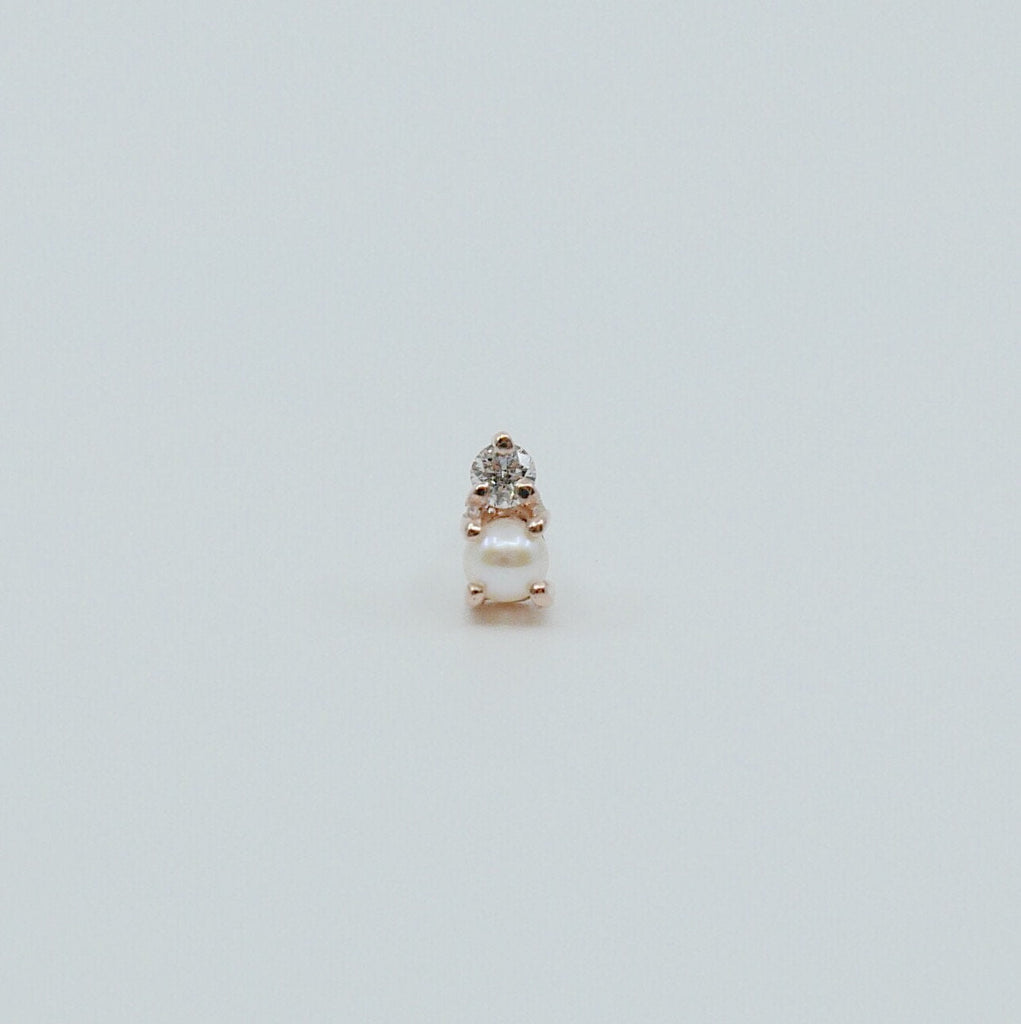 Duo Pearl and Diamond Stud Earring, Pearl and Diamond Post, Mini Pearl and Diamond Earrings