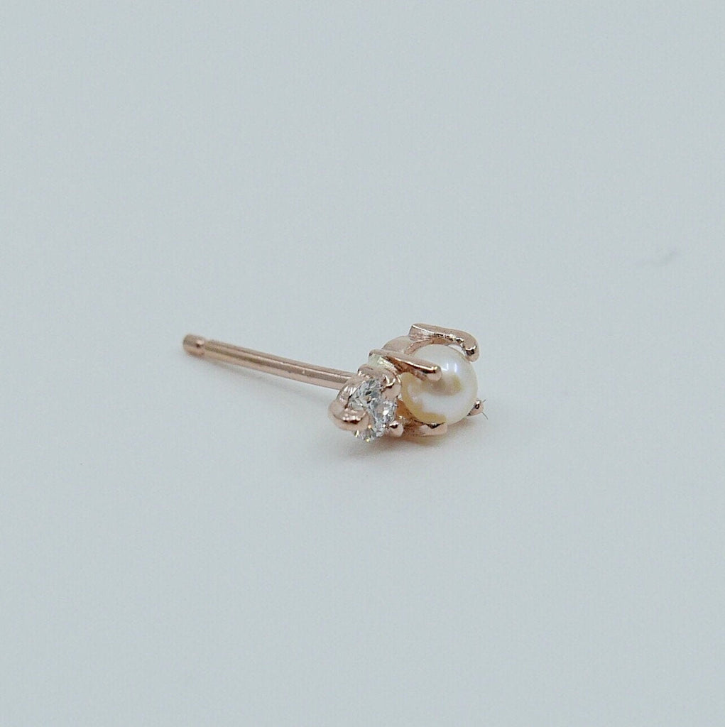 Duo Pearl and Diamond Stud Earring, Pearl and Diamond Post, Mini Pearl and Diamond Earrings
