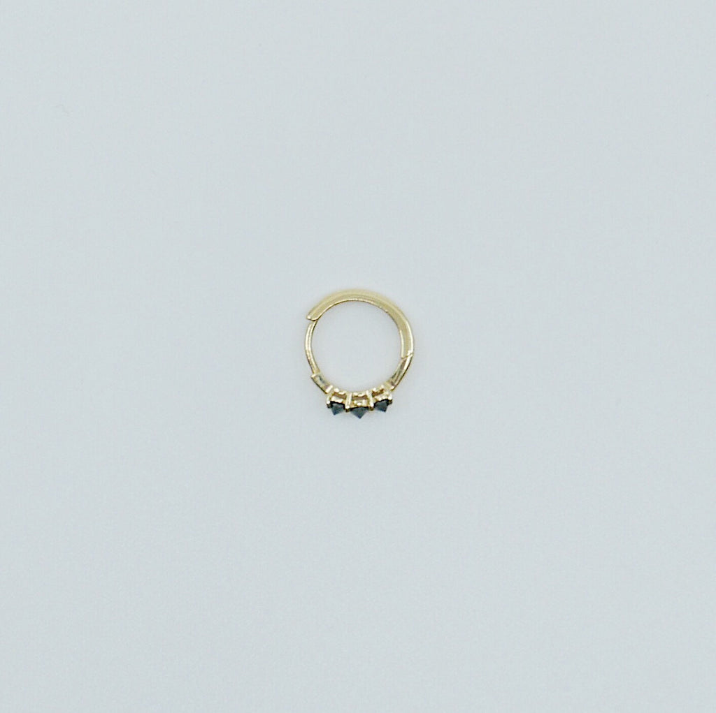 Studded Black Diamond Mini Hoop, small 14k gold hoop, small mini three stone black diamond gold hoop, gold hoops, gold pearl huggie