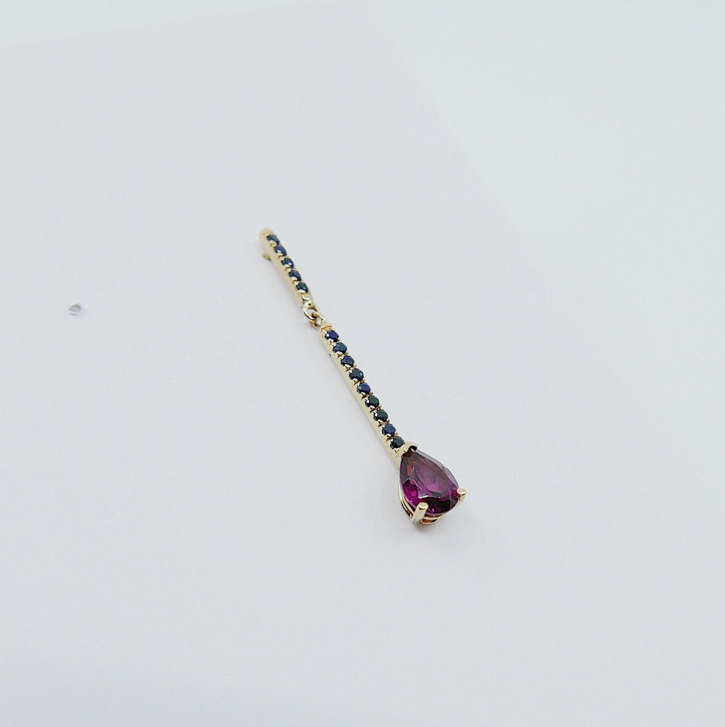 Sticks and Stones Pear Duo Earring, 14k Gold Rhodolite Garnet Bar Earring, 14k Gold Sapphire Dangle Earring