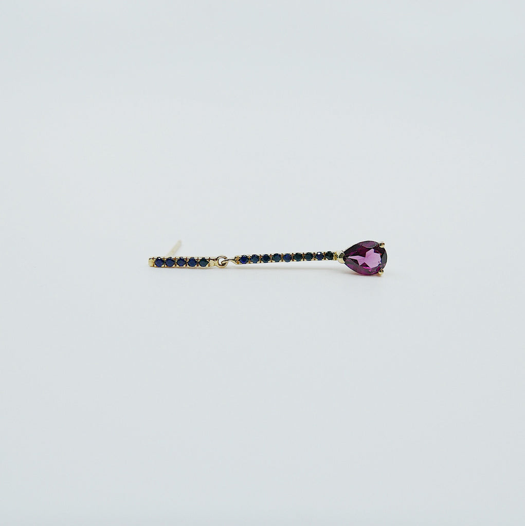 Sticks and Stones Pear Duo Earring, 14k Gold Rhodolite Garnet Bar Earring, 14k Gold Sapphire Dangle Earring