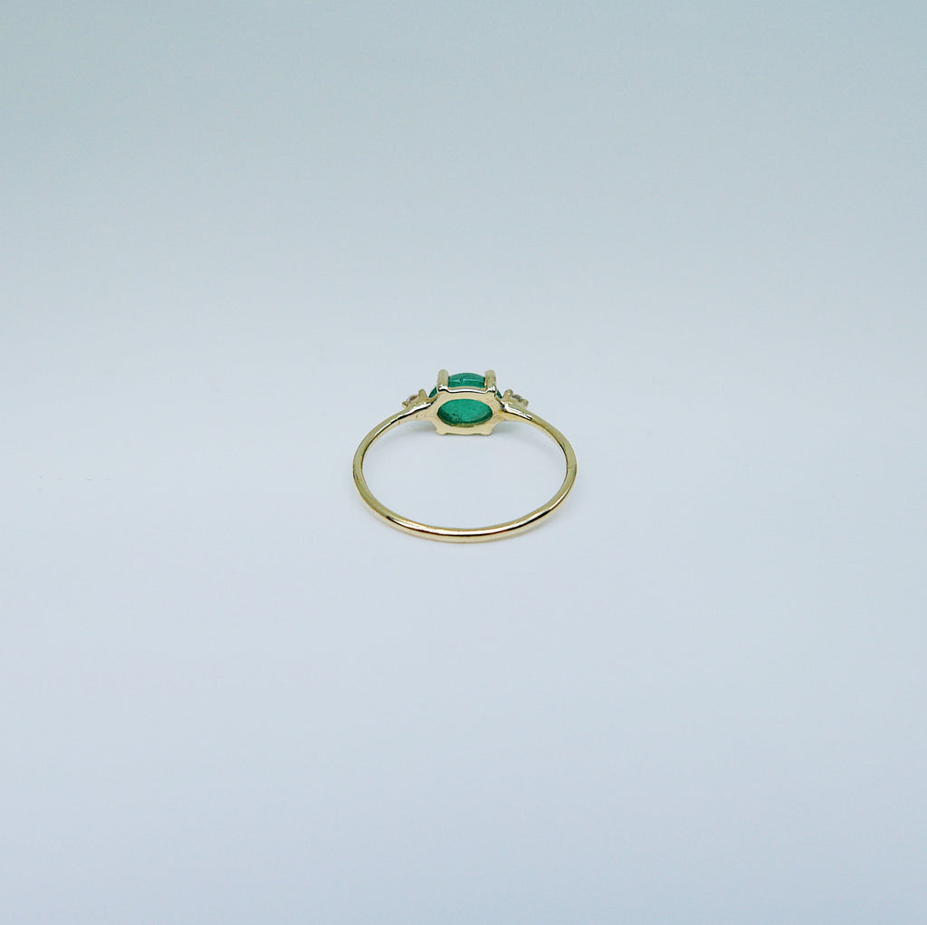 Oval Emerald ring, three stone ring, emerald and diamond ring, 14k gold emerald ring, emerald cabochon