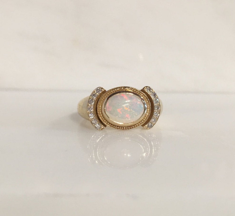 Aurora opal and diamond ring, opal and diamond ring, bezel opal ring, bezel ring, 14k gold opal ring, diamond accent ring