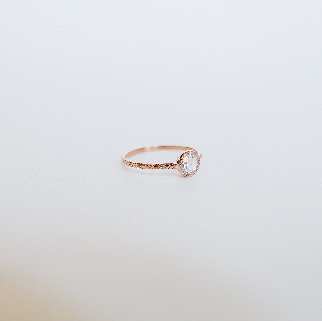 Justine Rose Cut Diamond Ring, gold solitaire ring, bezel stone ring, 14k gold diamond ring, gold hand engraved band, hand engraved band