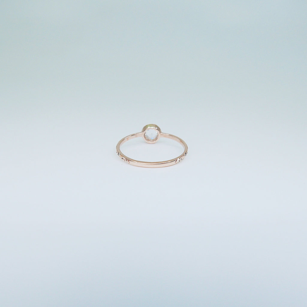Justine Rose Cut Diamond Ring, gold solitaire ring, bezel stone ring, 14k gold diamond ring, gold hand engraved band, hand engraved band
