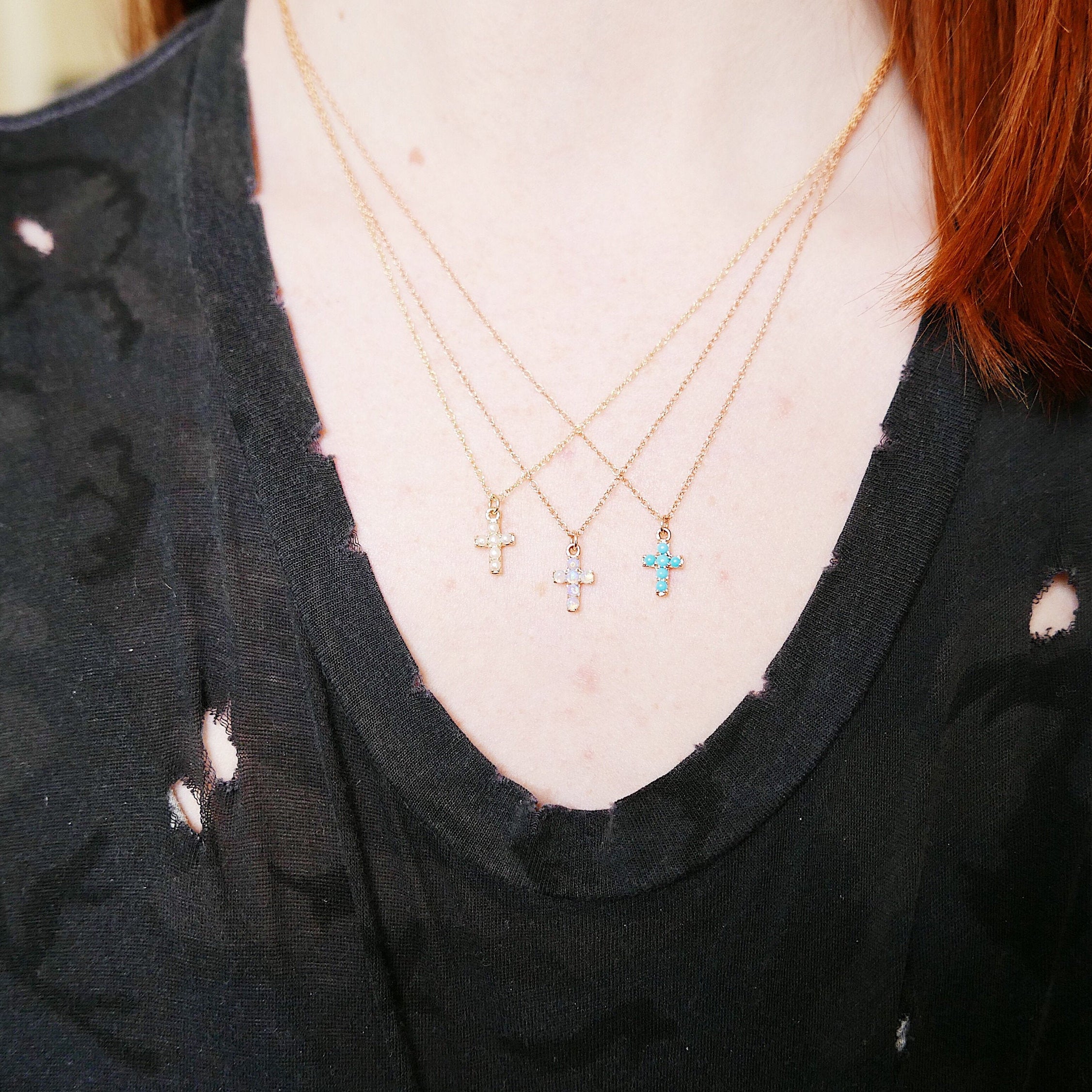 Cross Turquoise Necklace, 14k Gold Crucifix necklace, Small 14k cross necklace, Turquoise cross, Dainty gold cross necklace