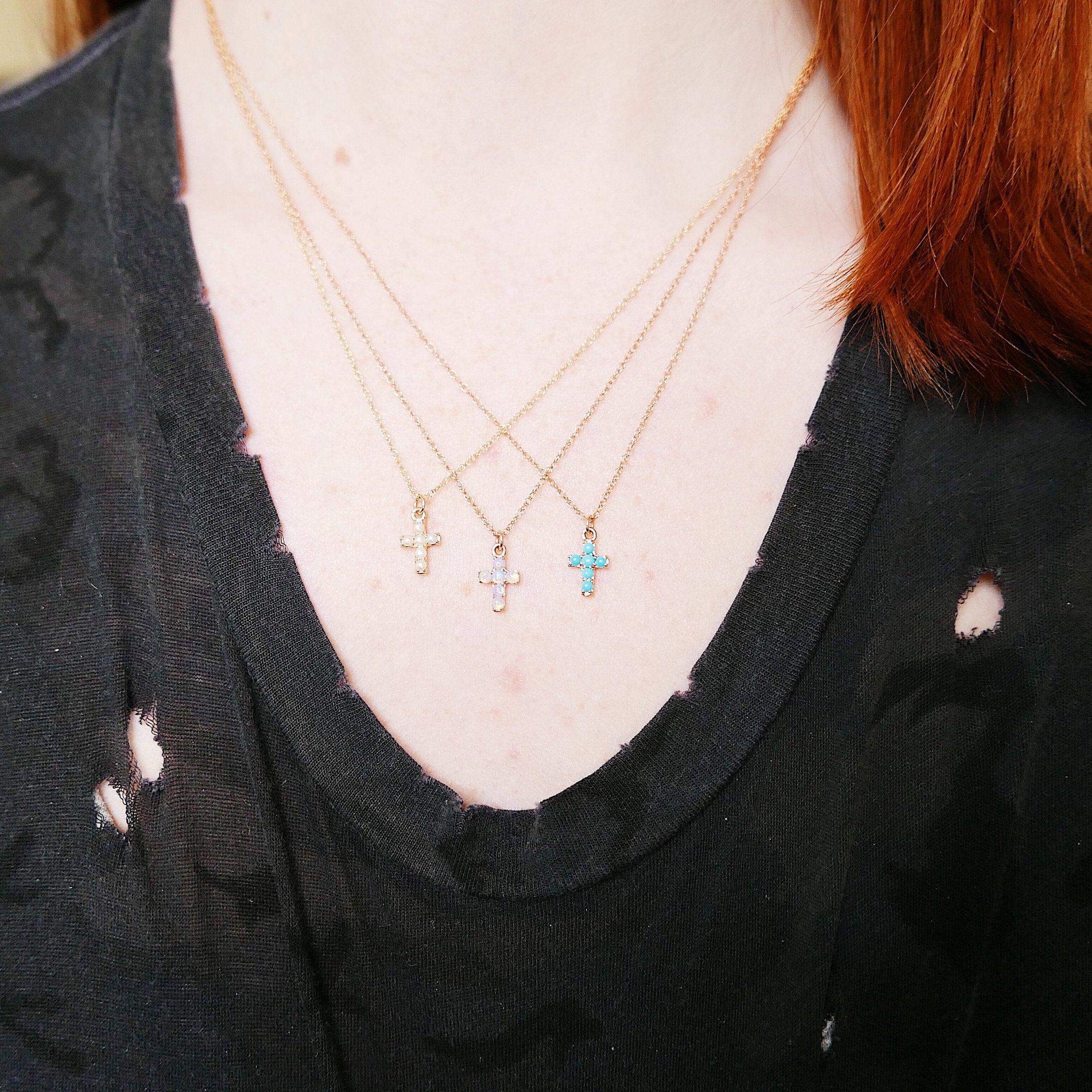 Cross Opal Necklace, 14k Gold Crucifix necklace, Small 14k cross necklace, opal cross, Dainty gold cross necklace
