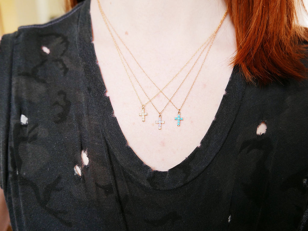 Cross Opal Necklace, 14k Gold Crucifix necklace, Small 14k cross necklace, opal cross, Dainty gold cross necklace
