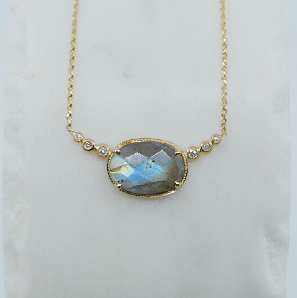 Ellipsis Labradorite and Diamond Necklace, One of a kind unique gold labradorite Necklace, blue labradorite necklace, diamond necklace