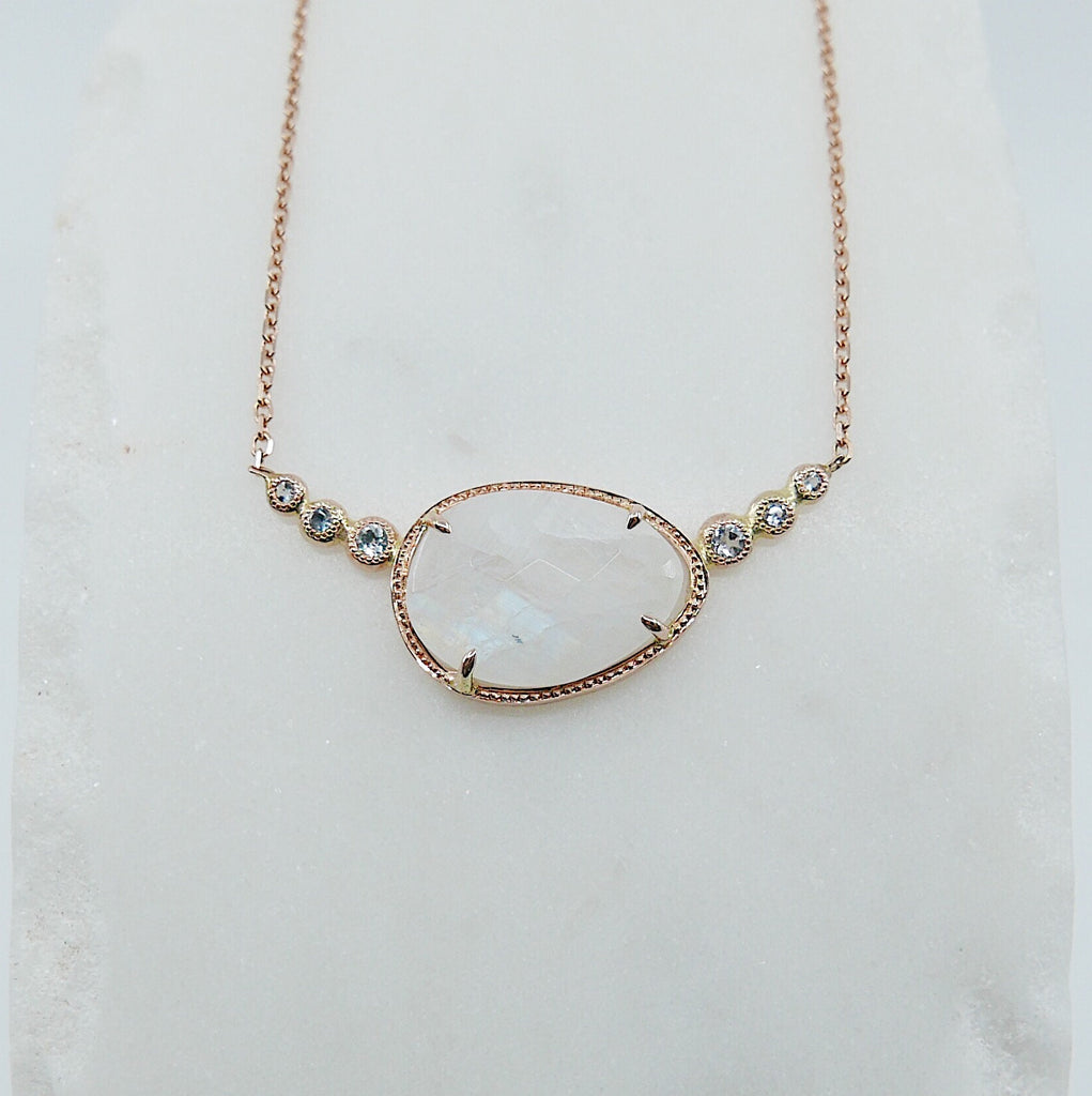 Ellipsis Moonstone and Aquamarine Necklace, One of a kind unique gold moonstone Necklace, moonstone necklace, aquamarine necklace