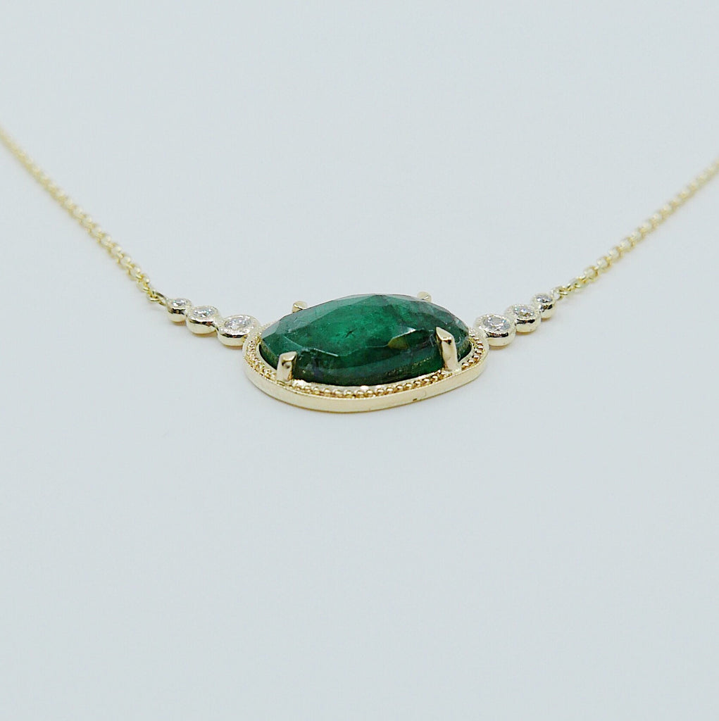 Ellipsis Emerald and Diamond Necklace, One of a kind unique gold emerald Necklace, green emerald Necklace, diamond necklace