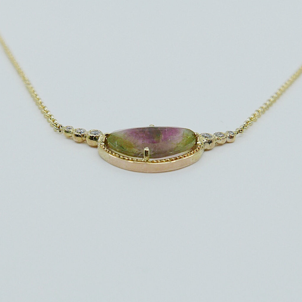 Ellipsis Watermelon tourmaline and Diamond Necklace, One of a kind unique gold tourmaline slice Necklace, pink and green tourmaline Necklace