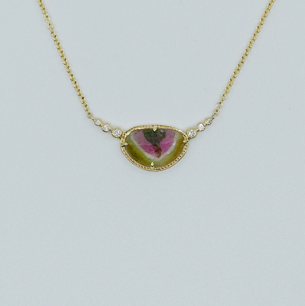 Ellipsis Watermelon tourmaline and Diamond Necklace, One of a kind unique gold tourmaline slice Necklace, pink and green tourmaline Necklace