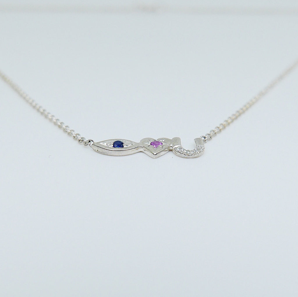 Eye Love U Necklace, Silver Eye Love U Necklace, Sapphire Necklace, Blue Pink and White Sapphire Necklace, Love You necklace, I love you