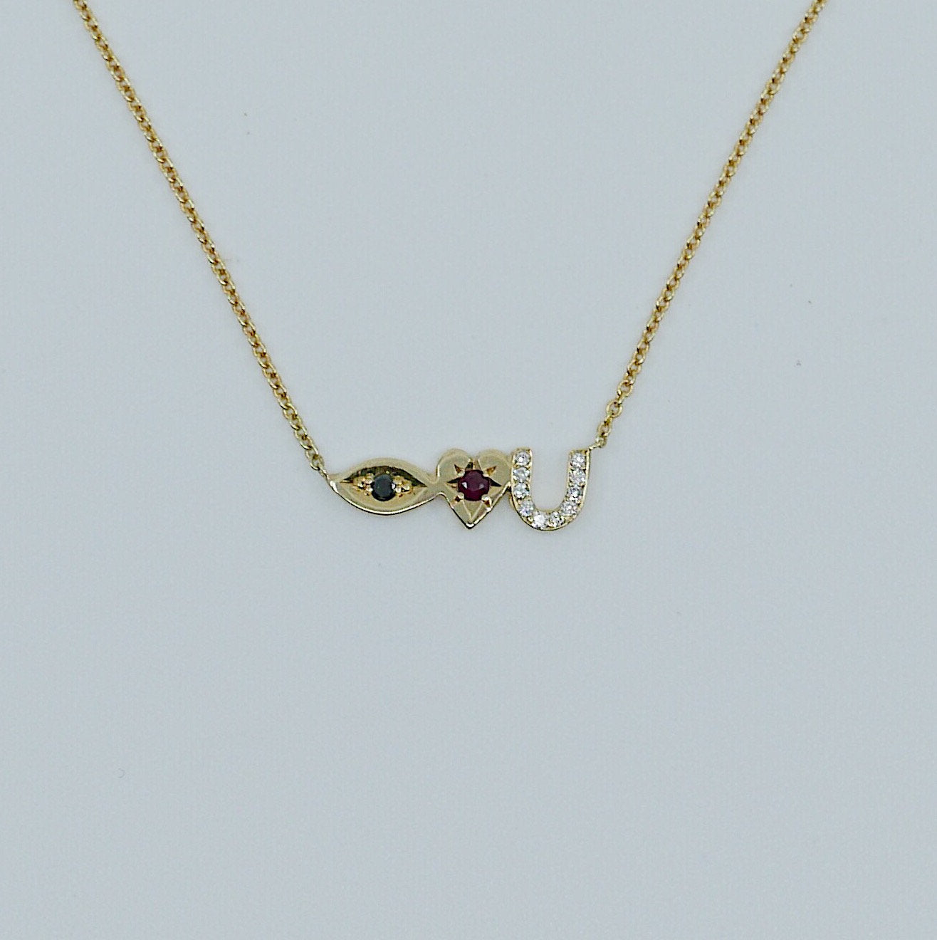 Eye Love U Necklace, 14k Gold Eye Love U Necklace, Black Diamond Necklace, Ruby Necklace, Diamond necklace, Love You necklace, I love you