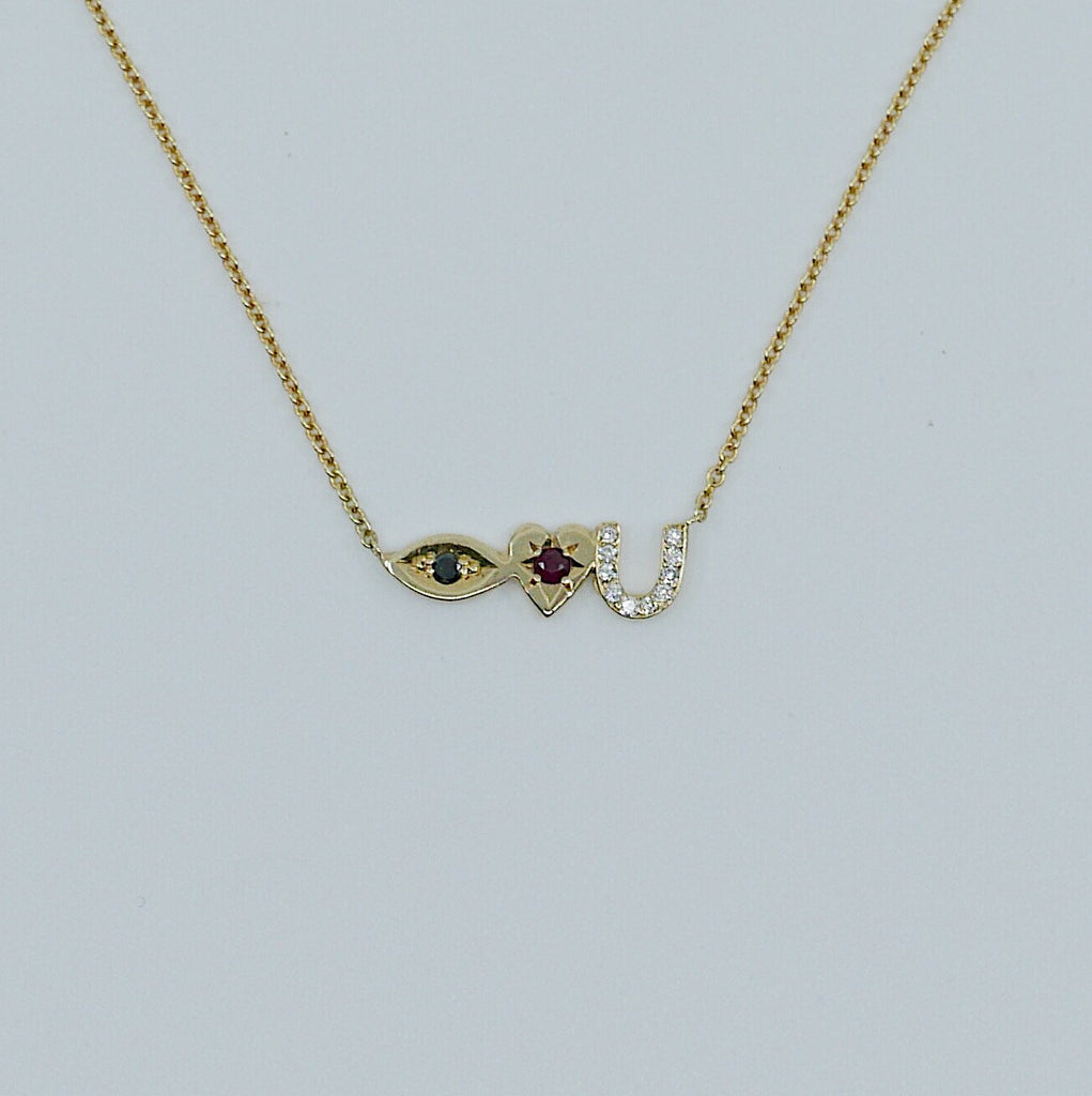 Eye Love U Necklace, 14k Gold Eye Love U Necklace, Black Diamond Necklace, Ruby Necklace, Diamond necklace, Love You necklace, I love you