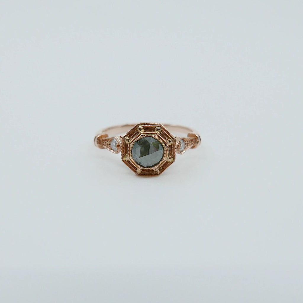Webbed Eloise Rose Cut Charcoal Grey Diamond Ring, One of a Kind Ring, OOAK, 14k rose gold ring, vintage inspired ring, rustic diamond ring
