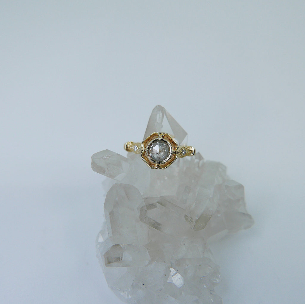 Webbed Eloise Rose Cut Grey Diamond Ring, One of a Kind Ring, OOAK, 14k yellow gold ring, vintage inspired ring, rustic diamond ring