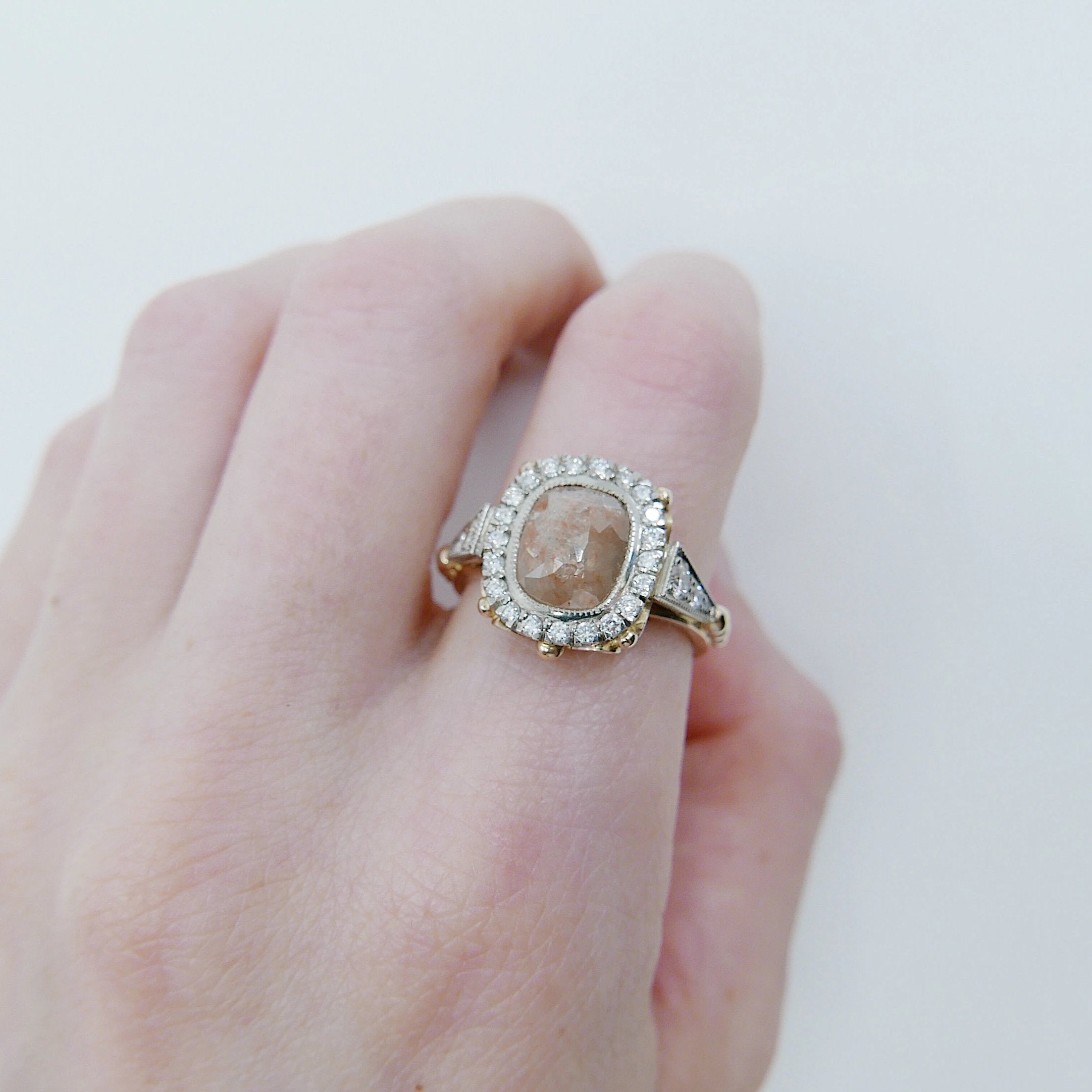 Countess Rose Cut Peach Diamond Ring, Two Tone 14k Yellow Gold & Palladium Ring, OOAK ring, unique engagement ring, rose cut diamond ring