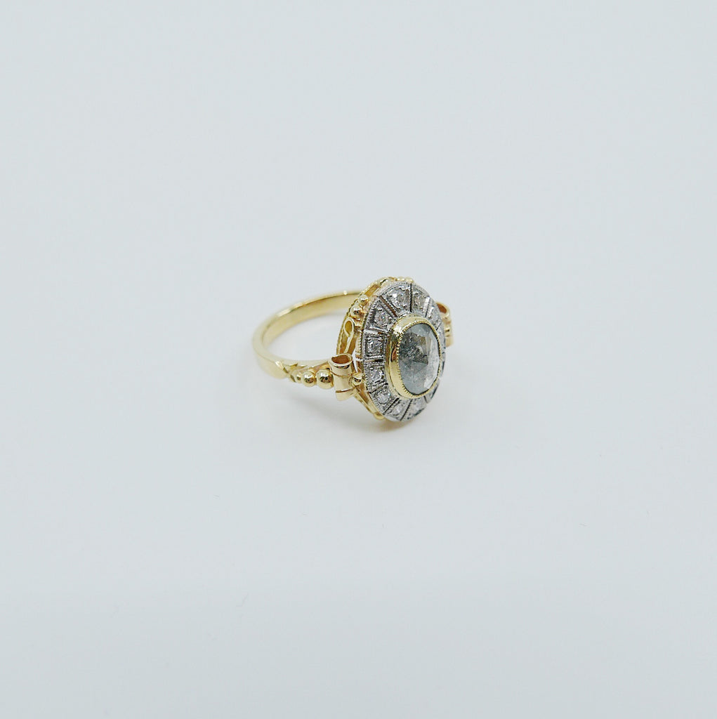 Margaret Rose Cut Grey Diamond Ring, 18k Yellow Gold & Palladium Ring, Two Tone Ring, OOAK ring, unique engagement ring, rose cut diamond