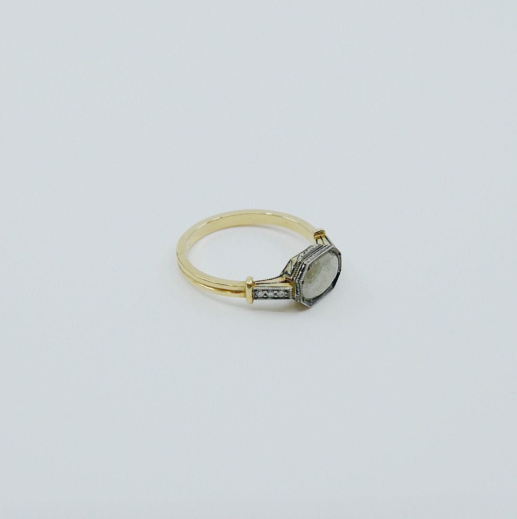 Edith Rose Cut Grey Diamond Ring, 18k Yellow Gold & Palladium Ring, rose cut gray diamond ring, art deco ring with diamonds, OOAK ring