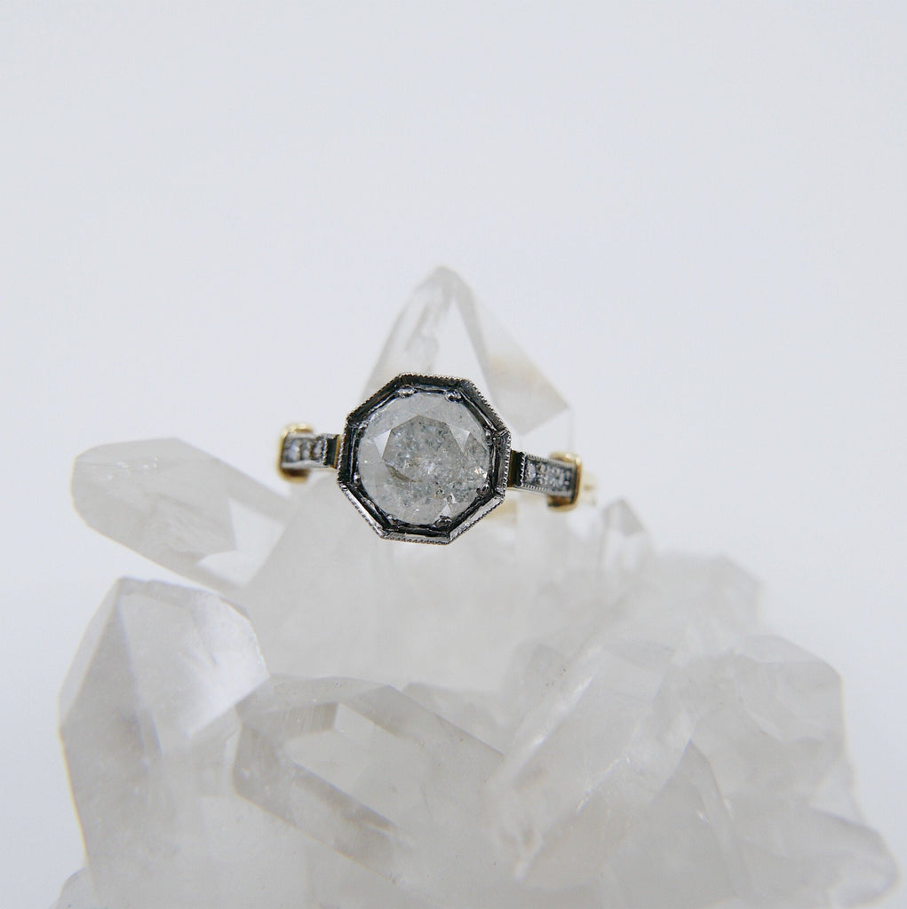 Lisbeth Salt & Pepper Diamond Ring, 18k Yellow Gold and Palladium Ring, salt and pepper diamond ring, art deco ring, OOAK ring