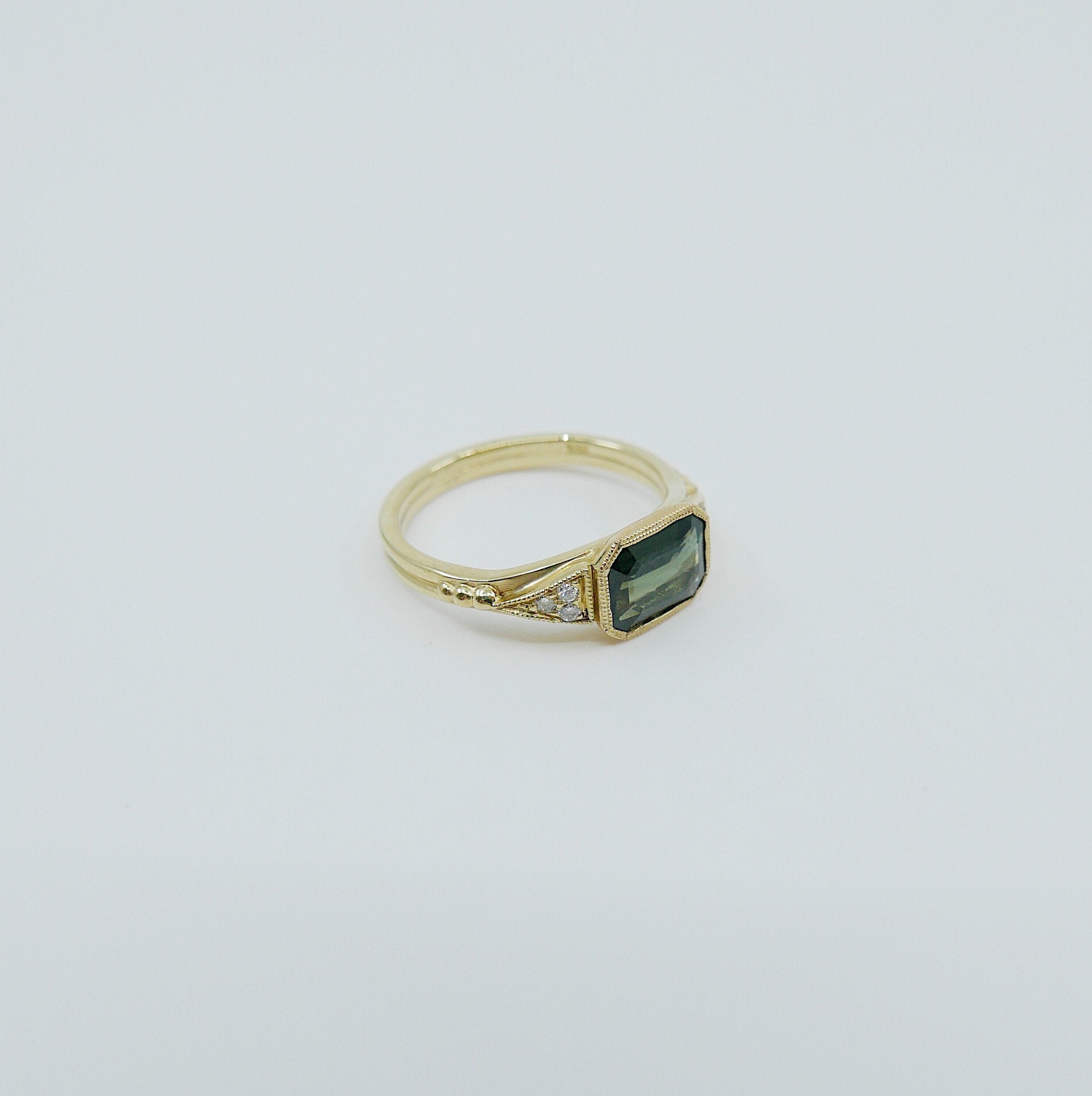 Inez Green Sapphire Ring, Sapphire and diamond ring, 14k gold green sapphire ring, sapphire ring, green sapphire ring