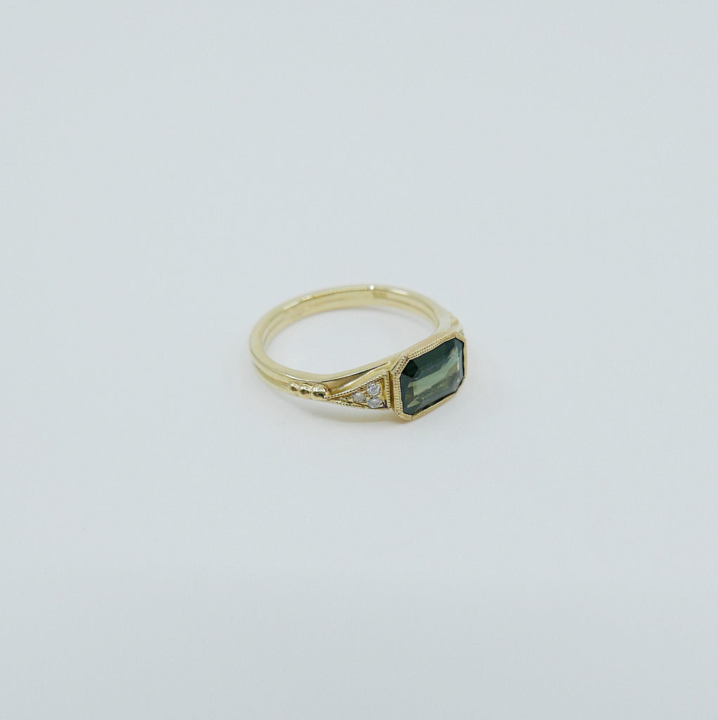 Inez Green Sapphire Ring, Sapphire and diamond ring, 14k gold green sapphire ring, sapphire ring, green sapphire ring