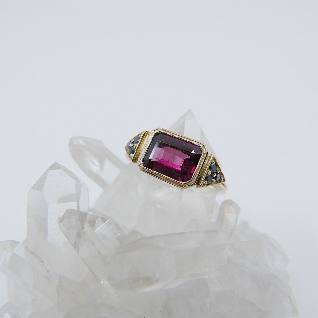 Garnet Ring, garnet emerald cut ring, garnet ring, black diamond ring, red stone ring, garnet and black diamond ring, engagement ring