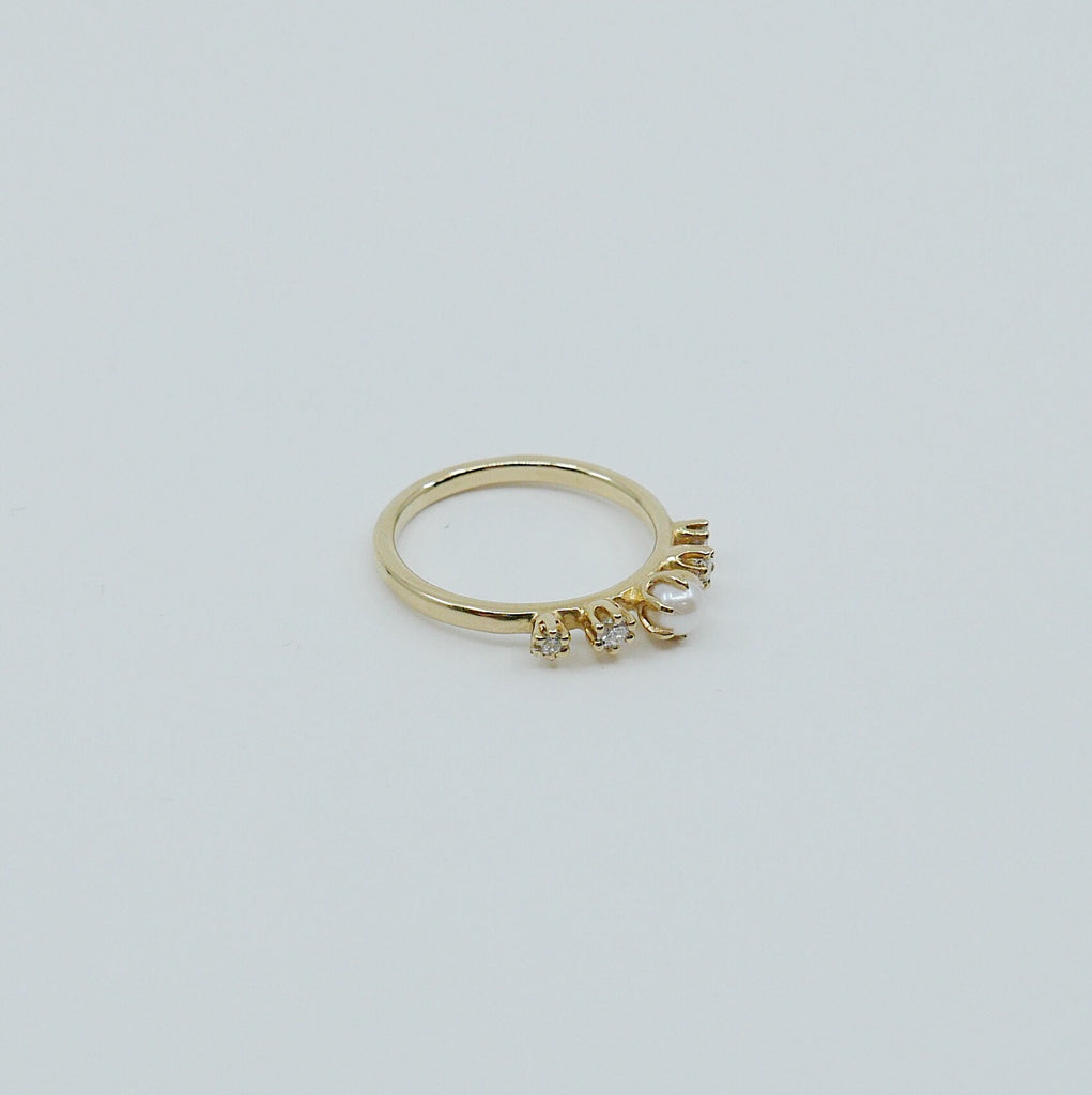 Adeline Pearl with Diamond Ring, 5 stone band, Pearl and Diamond ring, 14k gold stone ring, five stone ring, pearl ring, diamond ring