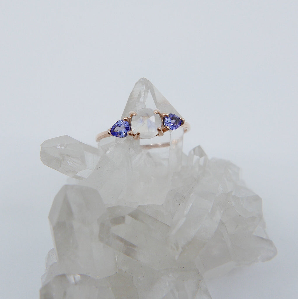 Penelope Rose Cut Moonstone Ring, Moonstone and tanzanite  ring, 3 stone ring, 14k gold moonstone ring