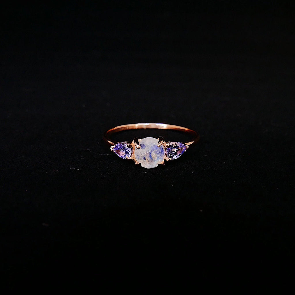 Penelope Rose Cut Moonstone Ring, Moonstone and tanzanite  ring, 3 stone ring, 14k gold moonstone ring